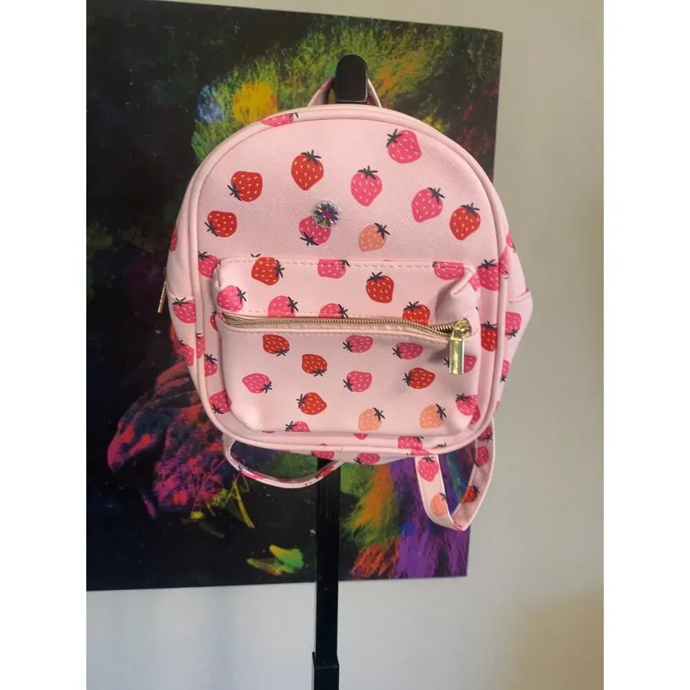 Mini Strawberry Print Backpack Purse Pink Faux Leather